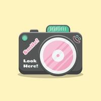 A Cute Cartoon Camera With The Words Look Here and Smile On It vector
