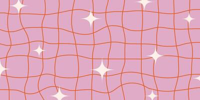 Psychedelic checkerboard with swirling geometric shapes, groovy vintage look. Distorted grid illusion, colorful 70s energy, hippie texture. vector