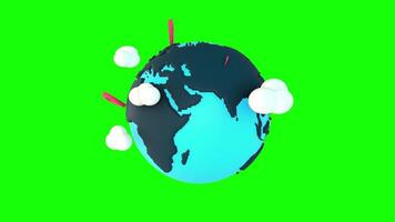 3D Cartoon Earth Rotating with Red Location Pins 2D Animation Green Screen video