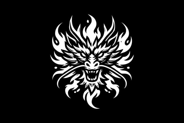 A black and white tattoo design of a dragon head