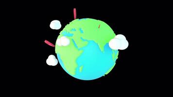 3D Cartoon Earth Rotating with Red Location Pins 2D Animation Alpha Channel video
