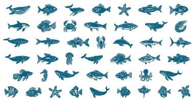 Set of linocut hand-drawn marine animals in blue and beige ink style, including fish, whales, dolphins, sharks, crabs, octopus, and starfish, isolated on transparent background vector