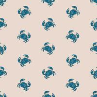 Blue Crabs on Beige Coastal Nautical Pattern. Hand-drawn blue crabs on a beige background create a nautical, coastal-inspired design. Perfect for marine-themed aesthetics with a vintage touch. vector