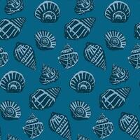 Vintage Blue Seashells on Deep Teal Coastal Pattern. Hand-drawn seashells in shades of blue on a deep teal background create a vintage coastal-inspired pattern, perfect for ocean and nautical themes. vector
