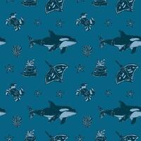 Vintage Orcas, Stingrays, and Crabs on Deep Blue Pattern. Hand-drawn orcas, stingrays, crabs, and sea elements in shades of blue vintage marine-inspired pattern, perfect for ocean and nautical themes. vector