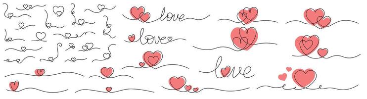 One line drawing heart collection. Hearts continuous one line draw illustration set. Red love symbols on transparent background. Banner for valentine's day. hearts. Editable stroke vector