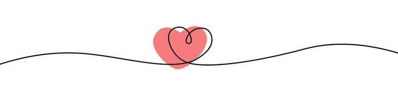 Happy Valentine's day banner with heart in continuous one line drawing and red filled hearts. Trendy minimal banner design. Romantic symbol for Valentines card in simple liner style. Editable stroke vector