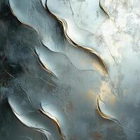 Abstract textured surface with metallic gold accents and organic flowing patterns in a cool-toned composition reflecting light photo