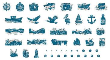 Set of linocut hand-drawn nautical and marine elements in blue and beige ink style, including compass, anchor, boat, seagulls, waves, lighthouse, and treasure chest, isolated on transparent background vector