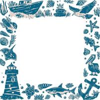 Linocut hand-drawn nautical frame in blue and beige ink style, featuring lighthouse, boat, anchor, pelican, shark, seagull, seashells, marine plants, with empty space for text or design, transparent vector