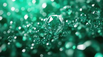 Detailed close-up view of sparkling emerald gems with intricate reflections and a vibrant green background photo