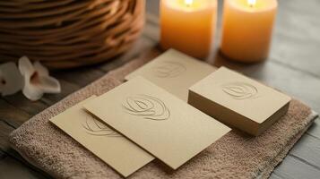 Elegant spa setting with delicate candles and textured paper cards on a wooden surface photo