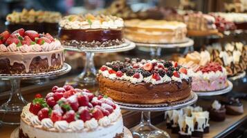 Delicious assortment of cakes displayed in a cozy cafe with enticing toppings and decorations photo