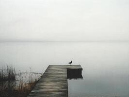 Calm morning at the dock with a lone bird gazing over the still water photo
