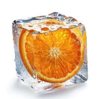 Bright orange slice encapsulated in clear ice cube on a crisp white background for refreshing beverage enhancement photo