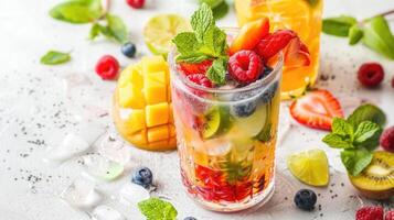 Refreshing cocktail made from blended fruits with mint garnish served in a clear glass with colorful fruit slices on a white surface photo