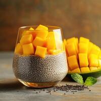 Chia seeds layered with fresh mango chunks in a transparent glass cup for a nutritious snack photo