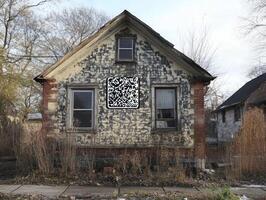 Old house covered in peeling paint with a QR code on the facade during a cloudy afternoon photo