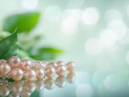 Elegant display of soft pink pearls resting on a reflective surface surrounded by lush greenery and soft bokeh lights photo