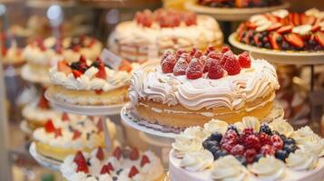 Delicious assortment of cakes displayed on a table in a cozy cafe setting photo