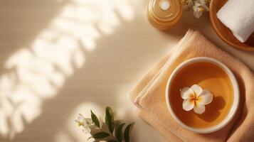 Relaxing spa setting with herbal infusion and natural elements for a soothing experience photo