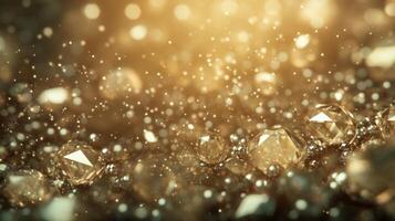 Sparkling golden crystals illuminated by soft light creating a mesmerizing glow in an atmospheric setting photo