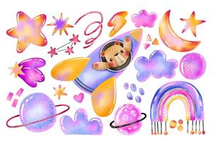 Hand space set with teddy bear in spaceship rocket. Sky vector
