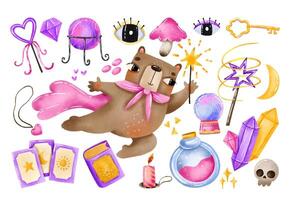 Bear with magic wand. Magic set with bear wizard, witch. F vector
