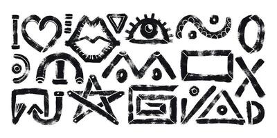 Grunge Abstract Black Forms Hand Drawn with Bold Brush Strokes. Geometric silhouettes on a white background. Playful and modern design drawn with thick lines vector
