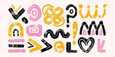 Hand Painted Grunge Abstract Shapes with Black, Pink and Yellow Bold Brush Strokes. Vibrant geometric doodles on a cream background. Playful and modern design drawn with thick lines vector