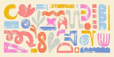 Hand Drawn Grunge Abstract Shapes with Colorful Retro Bold Brush Strokes. Vibrant geometric doodles on a cream background. Playful and modern design drawn with thick lines vector