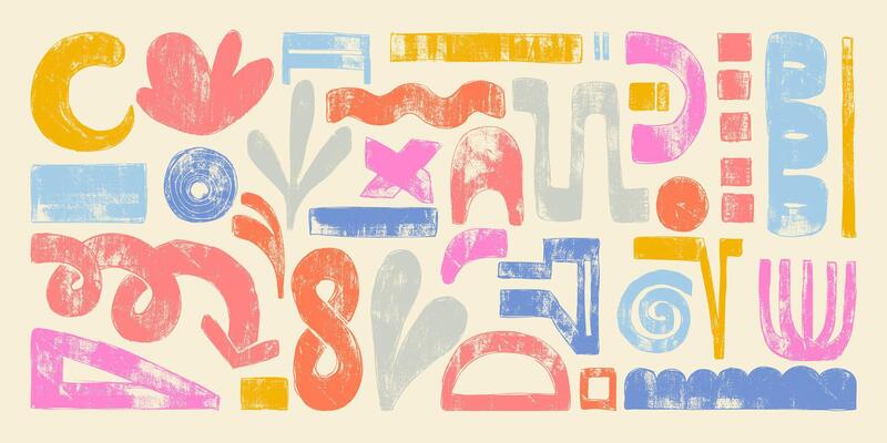Hand Drawn Grunge Abstract Shapes with Colorful Retro Bold Brush Strokes. Vibrant geometric doodles on a cream background. Playful and modern design drawn with thick lines