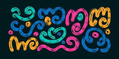 Hand Drawn Grunge Squiggle Lines with Bold and Vibrant Retro Colors. Geometric curly doodles on a dark background. Playful and modern design drawn with thick lines vector