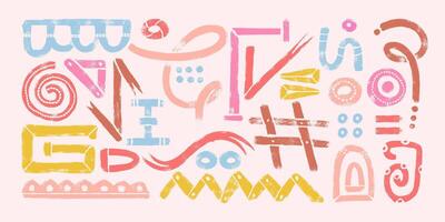 Hand Drawn Grunge Abstract Line Silhouettes with Bold Pastel Brush Strokes. Vibrant geometric shapes on white background. Playful and modern design drawn with thick lines vector