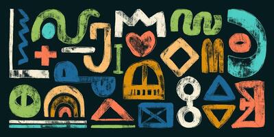 Grunge Abstract Geometric Shapes with Earthy Colors in Retro Style Drawn with Bold Brush Strokes. Vibrant geometric doodles black background. Playful and modern design drawn with thick lines vector