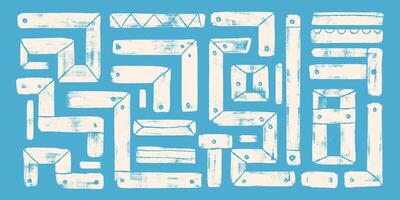 Simple Hand drawn Geometric Bold Brush Lines with Grunge Texture. Vibrant geometric shapes on a blue background. Playful and modern design drawn with thick lines vector