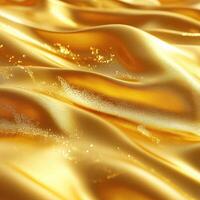 Luxurious gold silk fabric draped elegantly with soft shimmering texture and vibrant highlights creating a rich visual aesthetic photo