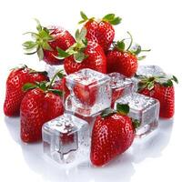 Fresh strawberries and ice cubes create a refreshing display on a bright white background photo