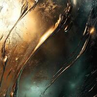Abstract artwork featuring swirling patterns in gold and teal hues on a textured surface showing dynamic movement and depth photo