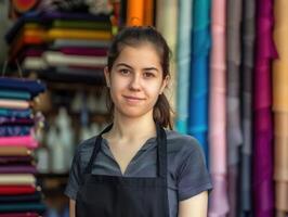 Tailor shop worker in black apron surrounded by colorful fabrics in a vibrant setting photo