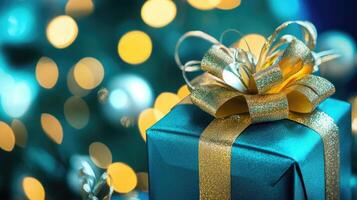 Gift box wrapped in teal paper with golden ribbon on a festive background illuminated by sparkling lights during New Year's celebration photo