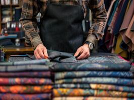 Tailor at work in shop focusing on fabric with stacks of textiles in the background photo