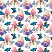Seamless watercolor pattern. Pink and purple irises, blue bright butterflies on a white background, all objects are hand-drawn with watercolors. Suitable for printing on fabric, paper, for stationery vector