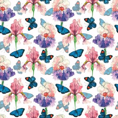 Seamless watercolor pattern. Pink and purple irises, blue bright butterflies on a white background, all objects are hand-drawn with watercolors. Suitable for printing on fabric, paper, for stationery