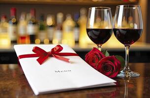 A menu and two glasses of wine on a table photo