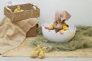 A baby in a basket with ducks and hay photo