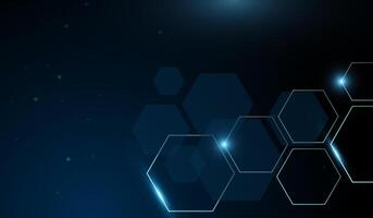 A technolgy abstract background with collection of neon blue hexagons floats in a dark space, illuminated by soft glowing edges. and illustration. vector