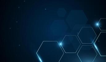 A dark blue digital background with glowing hexagonal outlines. Small light particles are scattered across, giving a high-tech and modern , illustration vector