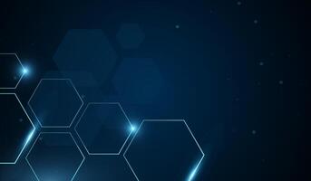 A dark blue digital background with glowing hexagonal outlines. A collection of neon blue hexagons floats in a dark space. Small light particles are scattered across, giving a high-tech. vector