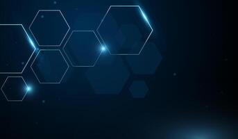 A technolgy abstract background with collection of neon blue hexagons floats in a dark space, illuminated by soft glowing edges. The image conveys a futuristic, digital aesthetic. vector